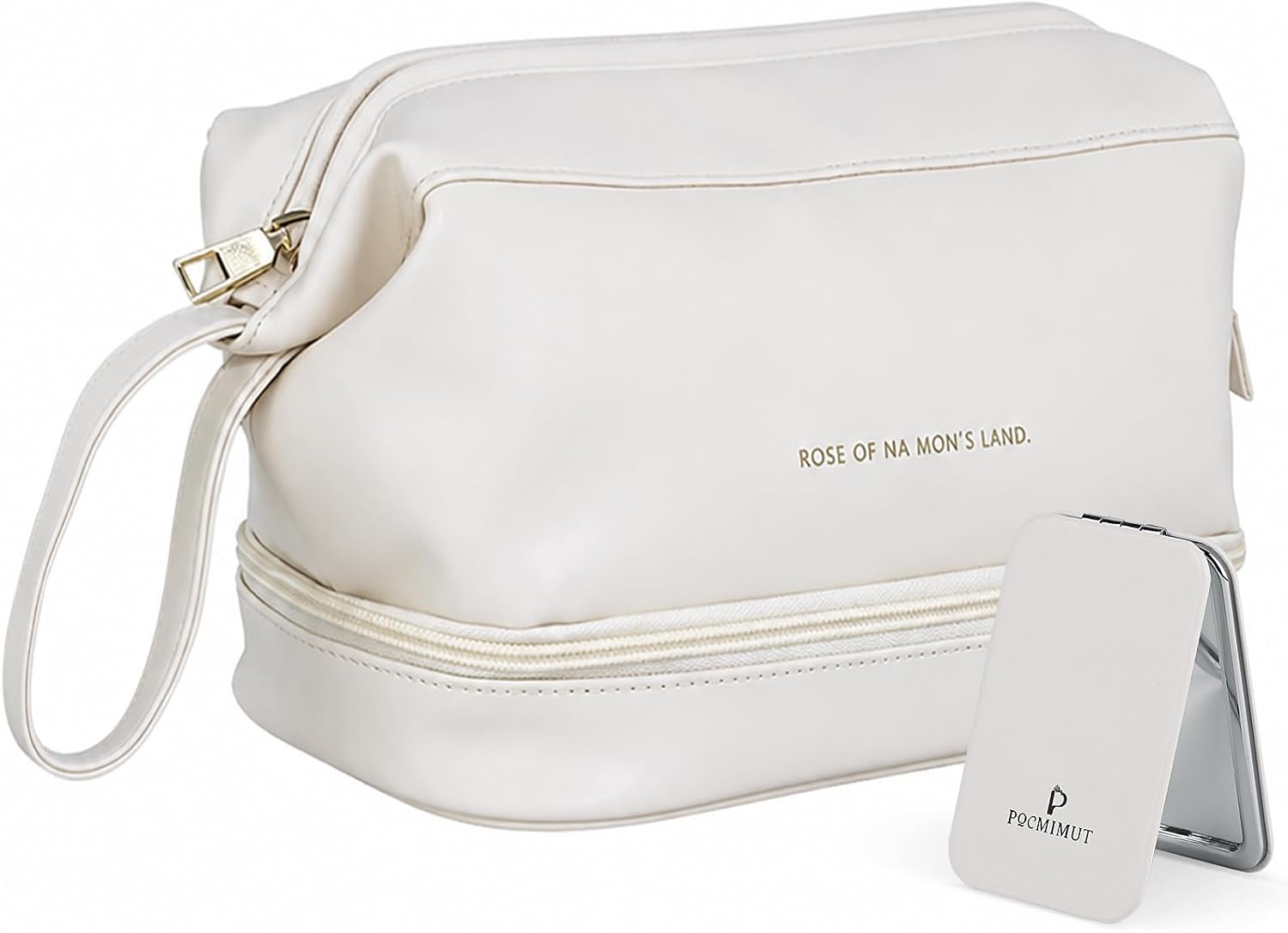 Pocmimut Makeup Bag,Large Wide Open Cosmetic Bag for Women,Double Layer Toiletry Bag Organizer for Brushes Bag with Makeup Mirror,Beige