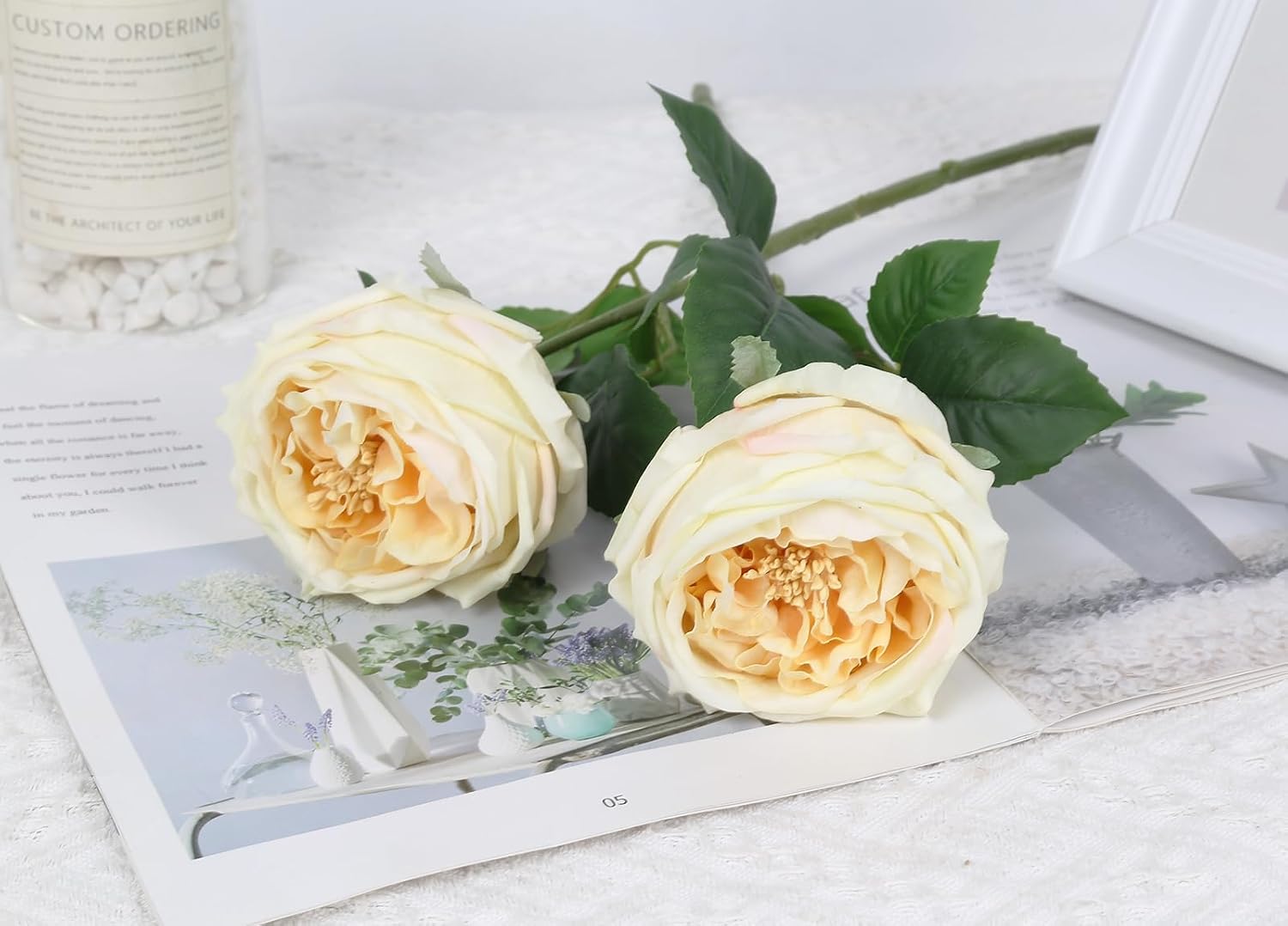 IPOPU 5PCS Real Touch Austin Roses Champagne Flowers Peony Artificial Flowers Fake Roses with Stems for Wedding Bouquet Party Home Decor(Champagne)