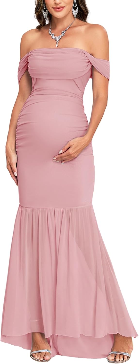 CYCLAMEN Off Shoulder Maternity Dress Elegant Mesh Mermaid Ruched Maxi Gown for Baby Shower Photography Wedding Guest