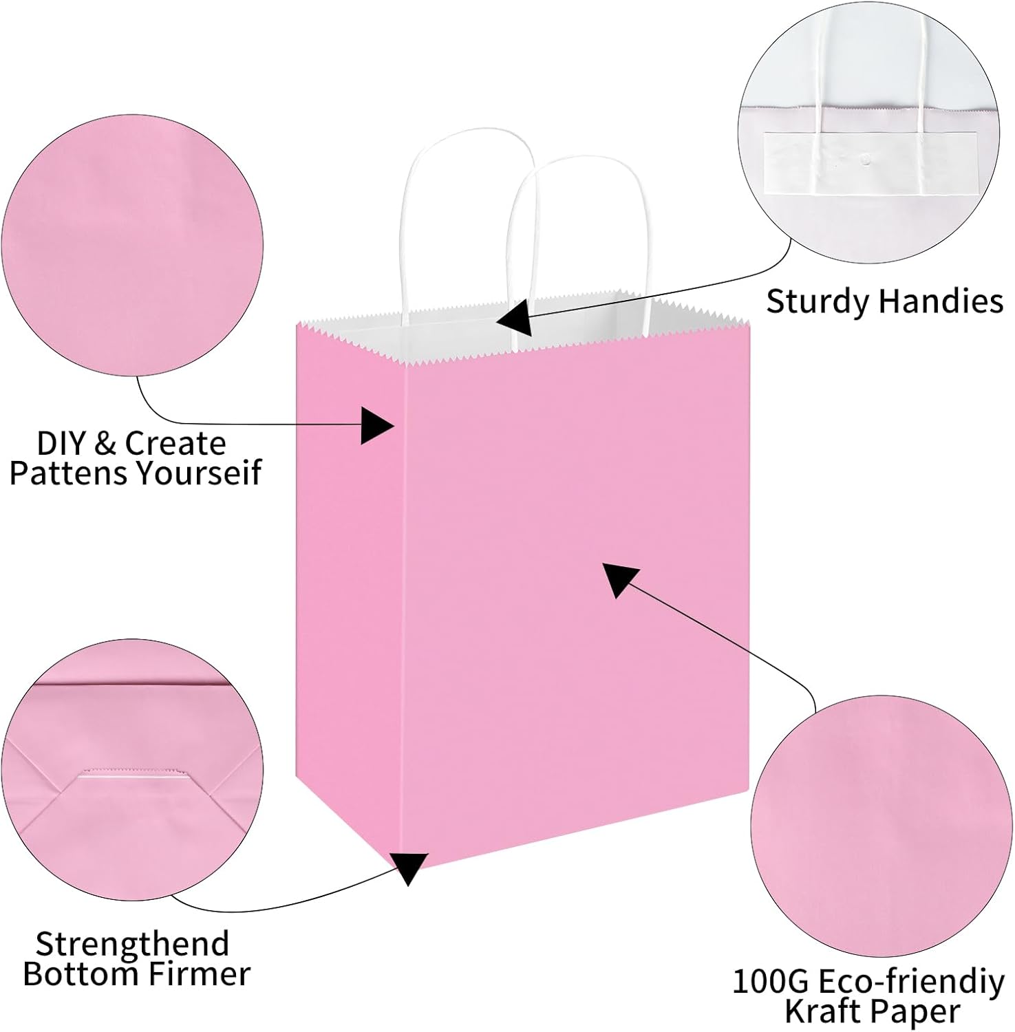 Toovip 50 Pack 8x4.75x10 Inch Medium Light Pink Kraft Paper Bags with Handles Bulk, Gift Bags for Birthday Party Favors Retail Grocery Shopping Business Goody Craft Merchandise Take Out Sacks - Image 3