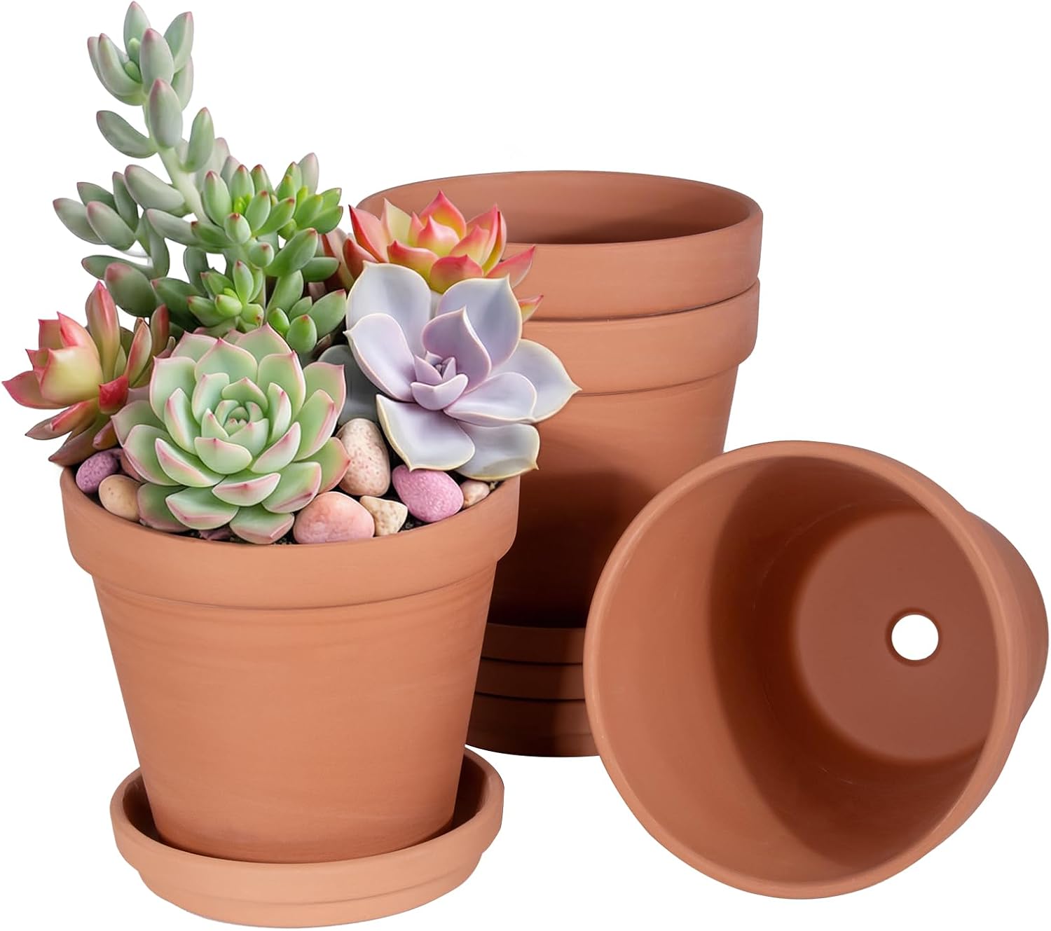 6 Inch Round Terracotta Pots, 4 Pcs Planters Pots with Drainage Holes and Saucer for Indoor Outdoor Gardening, Flower