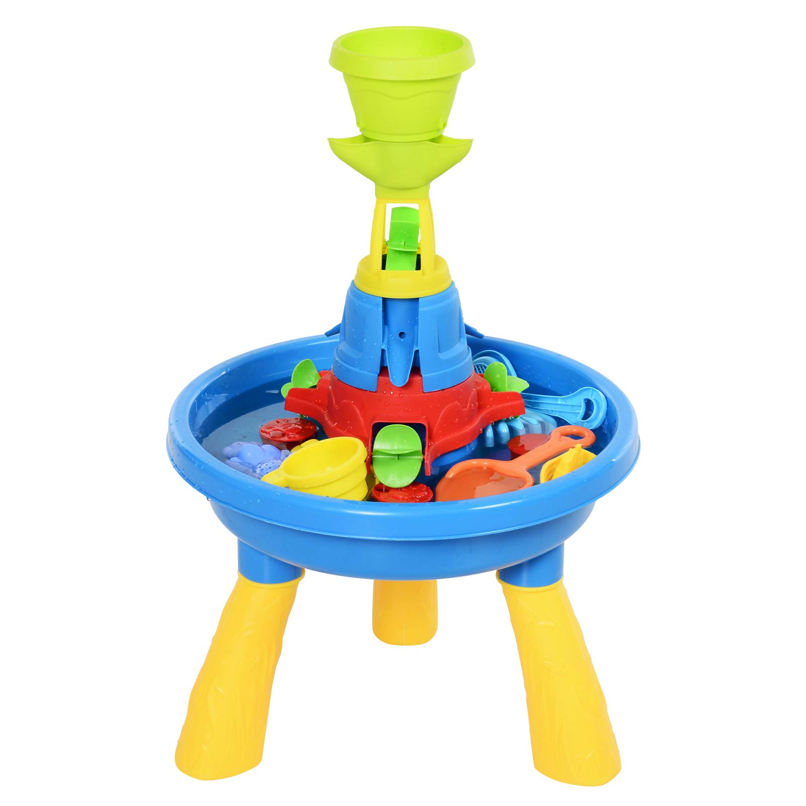 HOMCOM Playset Mesa de agua y arena para niños con 21 accesorios, Toyset Mesa acuática de playa y exterior de PP, 46x46x72 cm