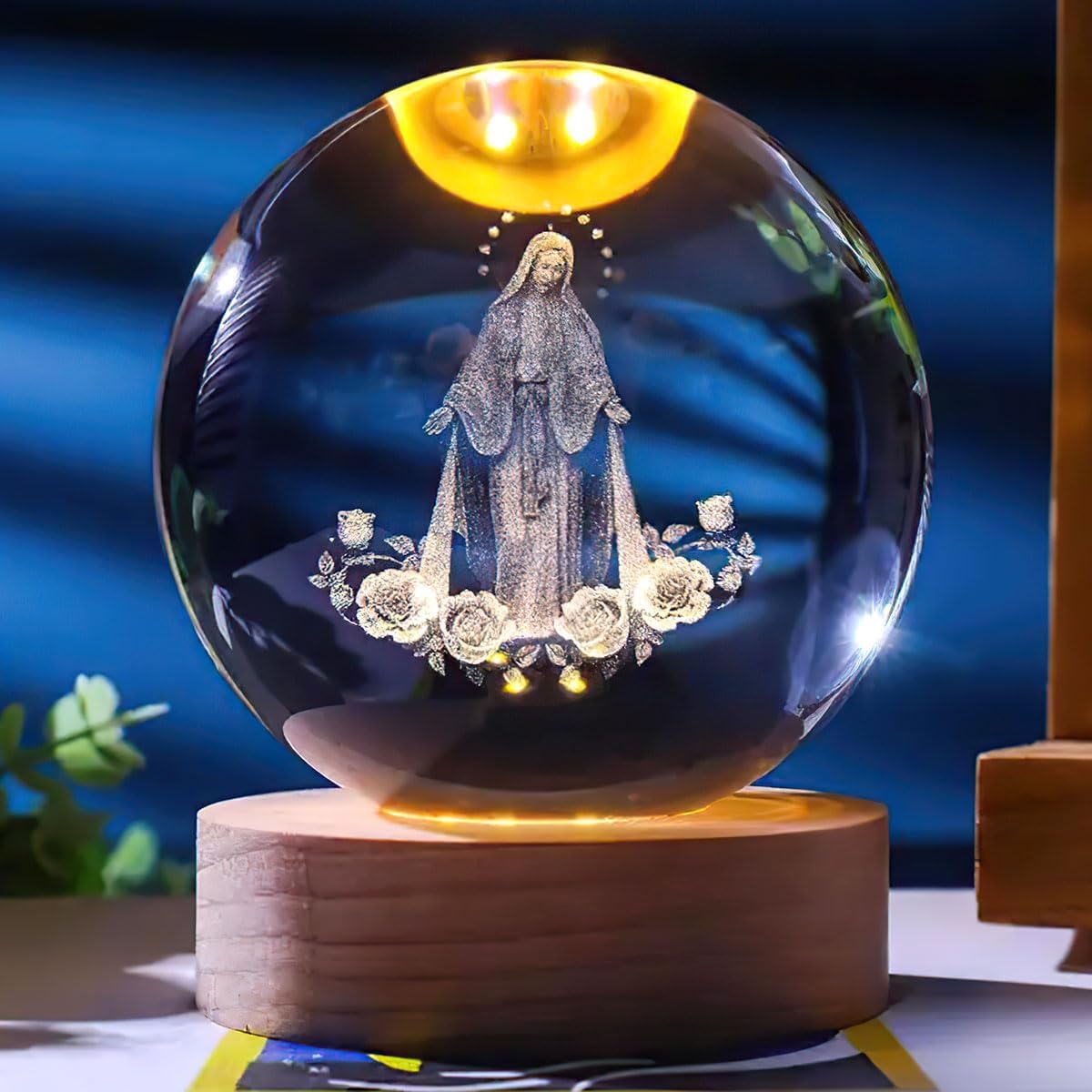 Jesuspirit - Christian Decor, Wooden Light Base Crystal Ball Night Light, Home Decor - Christian Gifts for Men and Women (The Virgin Mary)