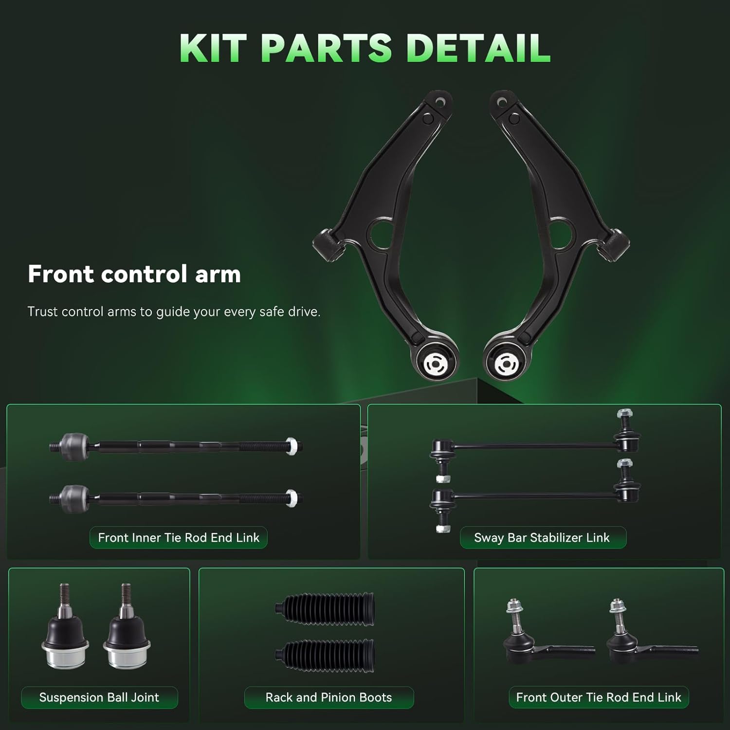 AUQDD 12Pc Front End Suspension Kit Fit For 2009-2020 Do-dge Journey, 2 Lower Control Arm 2 Ball Joint 2 Sway Bar Link 4 Outer Inner Tie Rod End 2 Boots (# K641333 K750382 EV800611 ES800408 K500120)