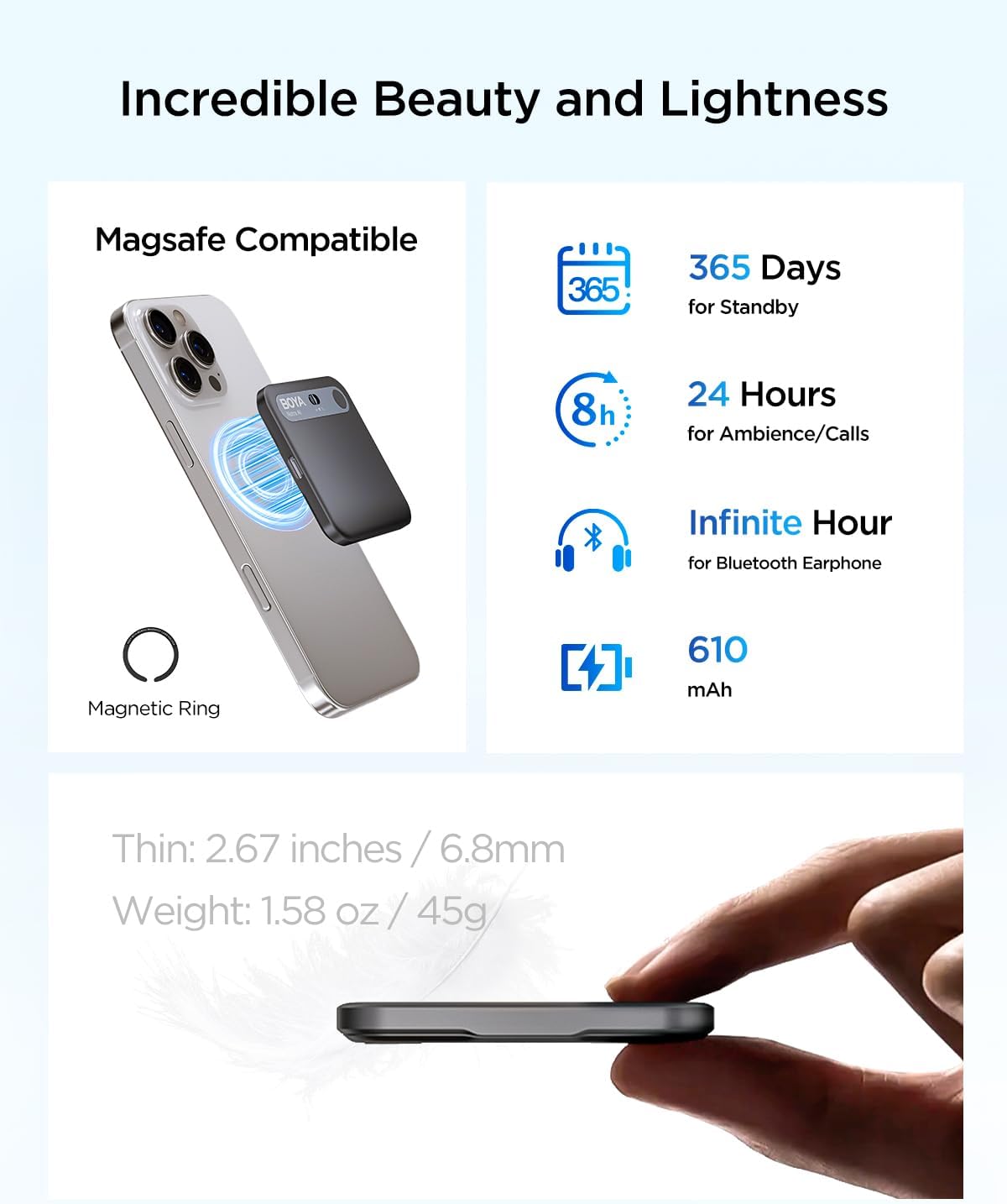 BOYA Notra AI Voice Recorder,3-Mode Capture -Ambient/Phone Call/Bluetooth, AI Transcription&Smart Summary, Support 140+ Languages, 64GB Storage, Magnetic Note Taker for Meetings,Lectures,Interviews