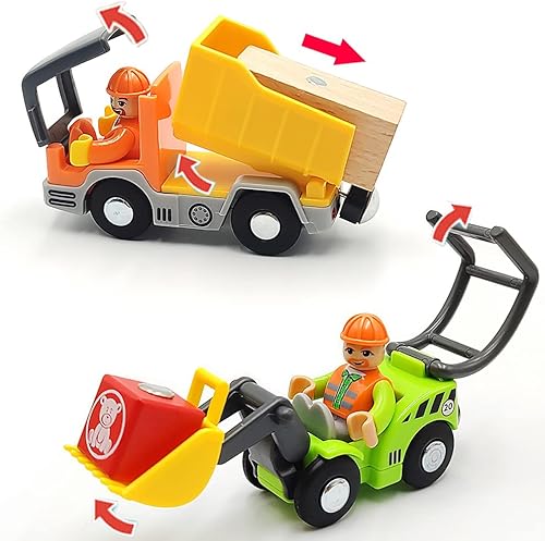 Miniatura 3 de Set de vagones de tren de madera con pista Accesorios para pista de tren con excavadora y camión volquete Vehículos pequeños Vagones de tren