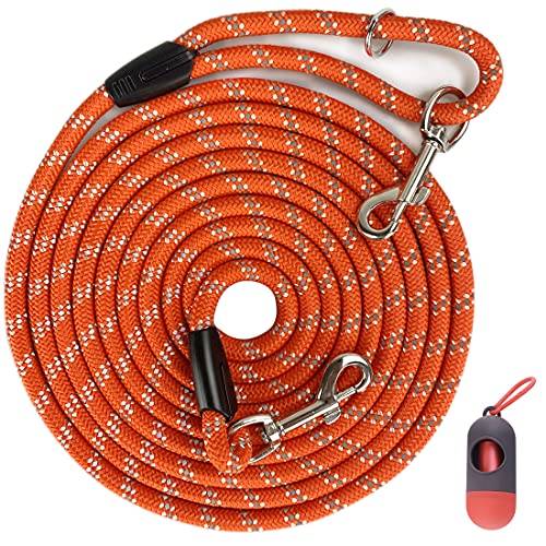 Codepets Long Rope Dog Leash for Dog Training 12FT 20FT 30FT 50FT, Reflective Threads Dog Cat Leashes Tie-Out Check Cord Recall Training Agility Lead for Large Medium Small Dogs (Orange, 10mm*12ft)