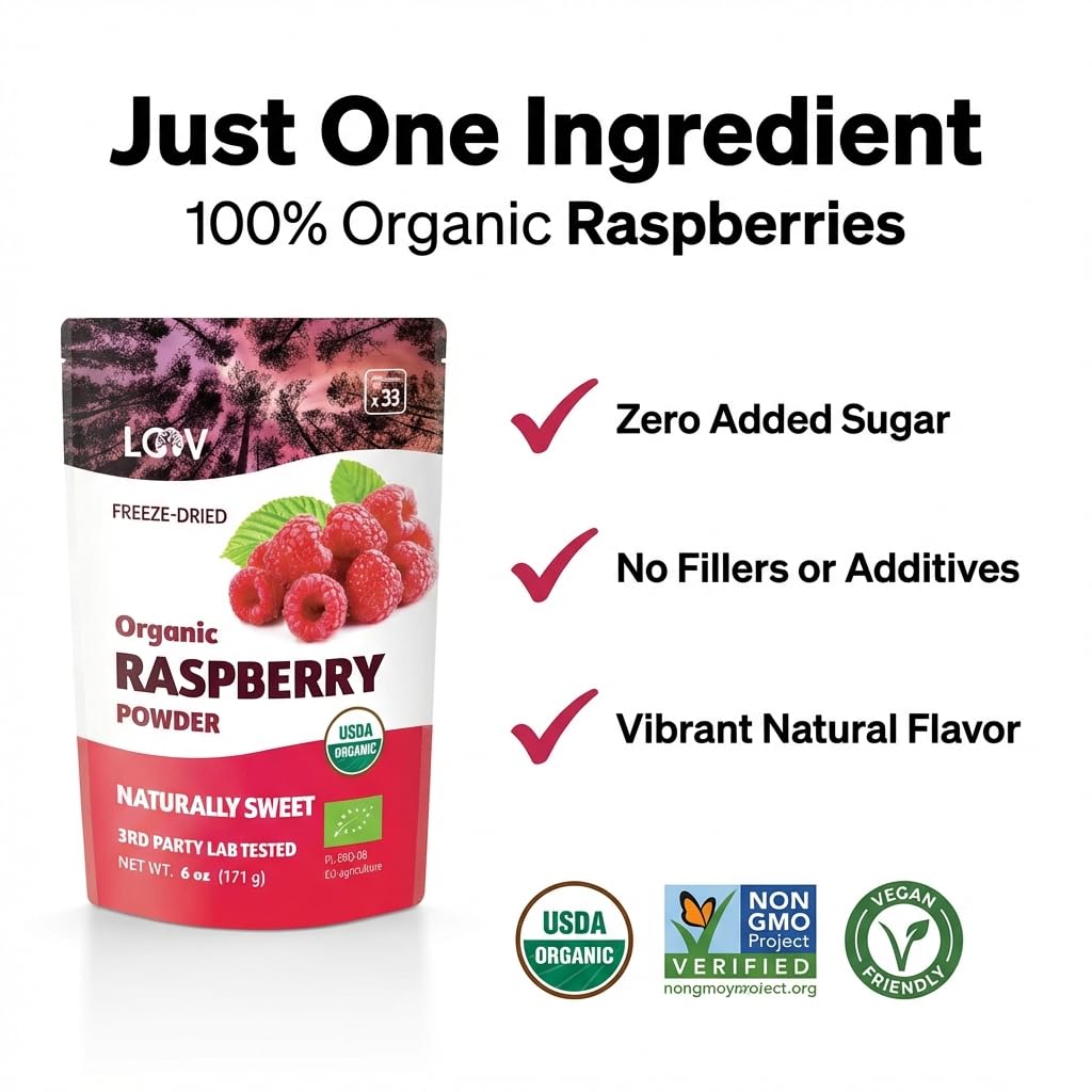 Organic Freeze-Dried Raspberry Powder – 100% Natural Whole Fruit, Certified Organic Red Raspberries – Perfect for Smoothies, Shakes & Baking – Non-GMO, No Added Sugar – 6oz (33 Servings)