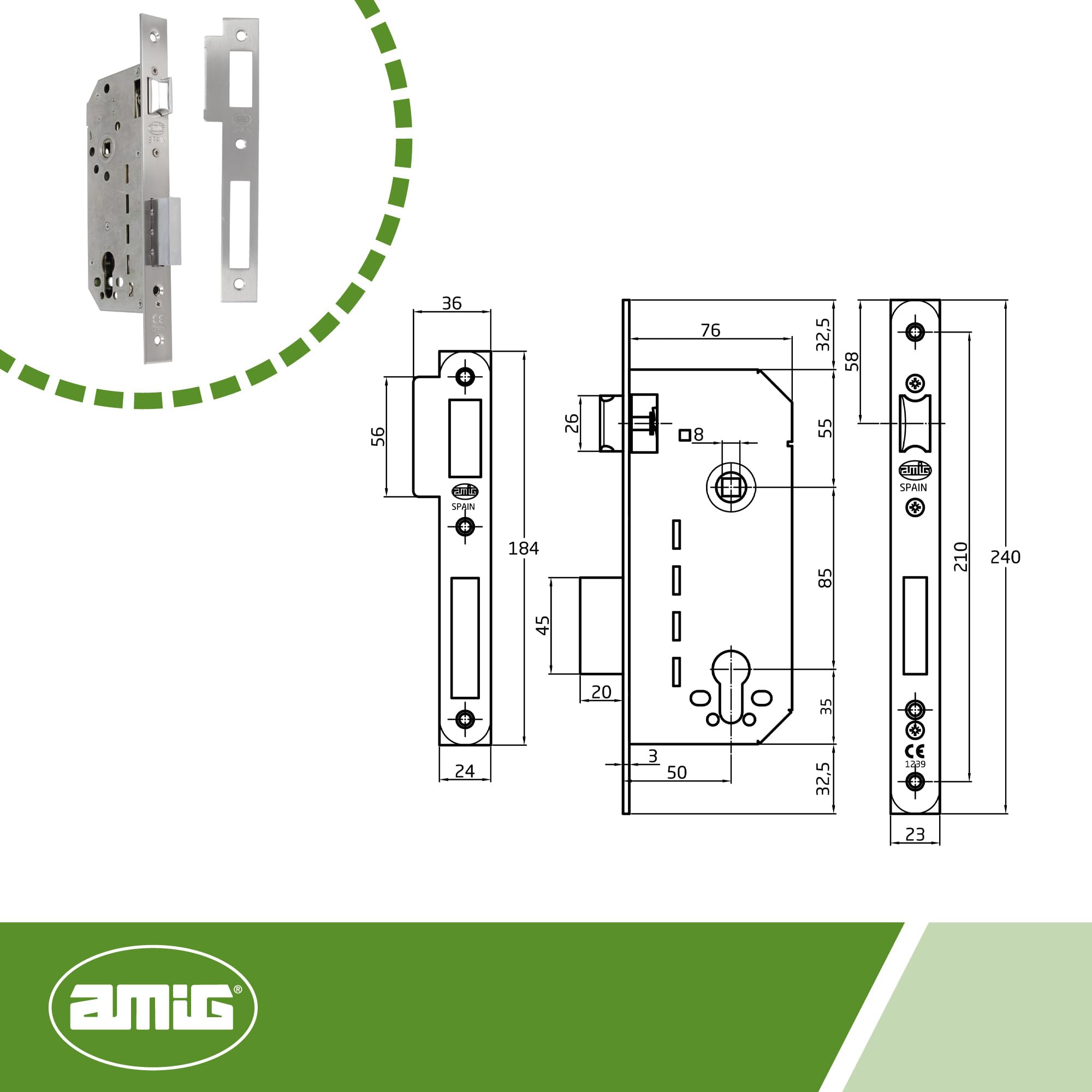 Amig - Serrure à encastrer Mod.340 avec cylindre - Serrure de sécurité pour porte en bois - Fermeture fiable et installation facile - Axe 50 mm - Acier - Finition nickelée