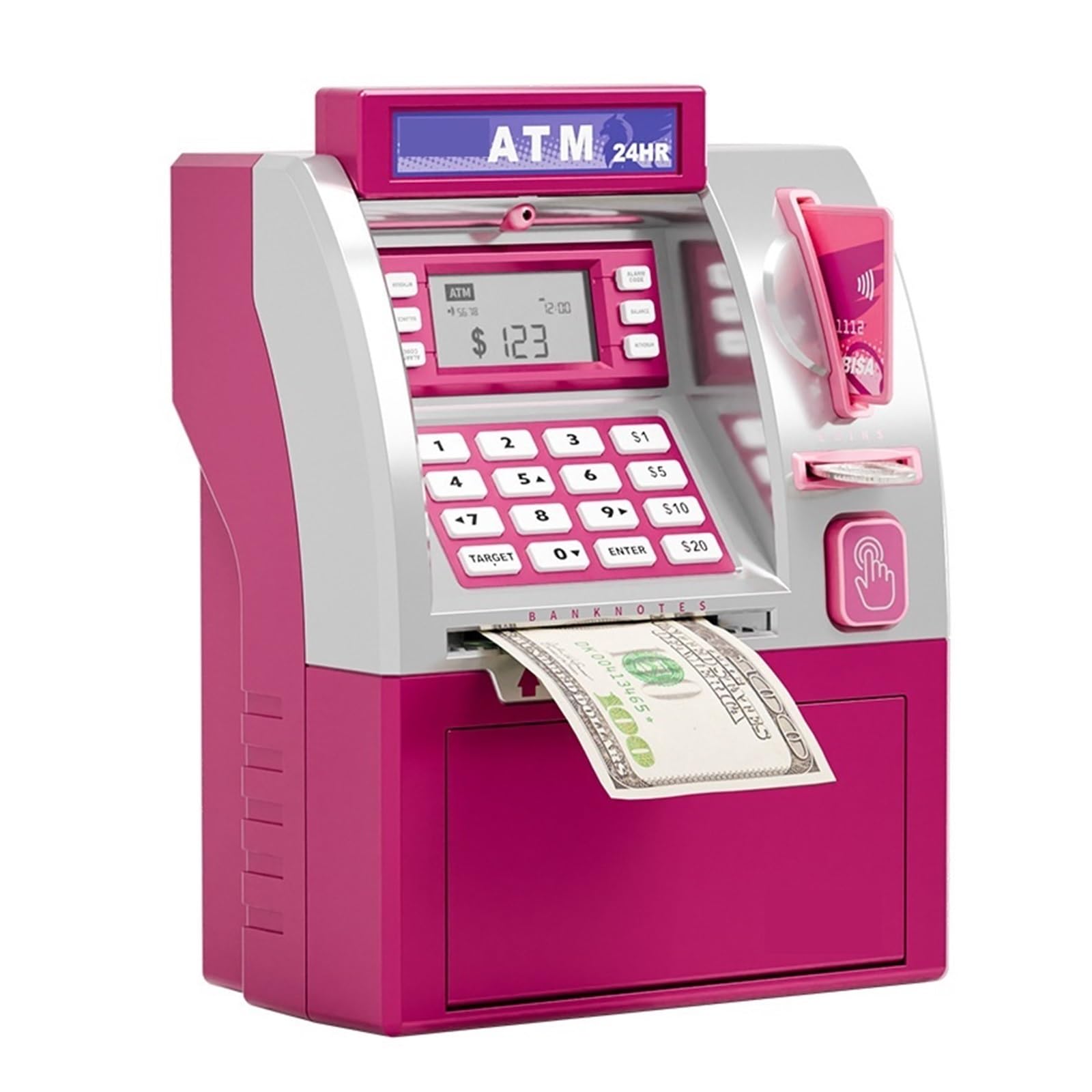 Contatore di denaro, Giocattolo di risparmio bancomat for bambini con smart card, contamonete e cassaforte password | Pink