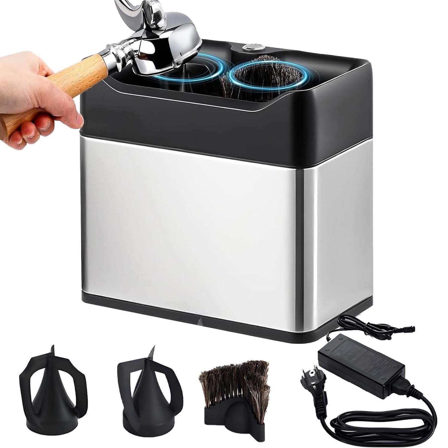 GLBMXDD Automatic Coffee Grounds Cleaner for Espresso Machine Handle - with Brush and Powder Wiper Cleaning Machine - Commercial 58mm Coffee Portafilter Cleaner