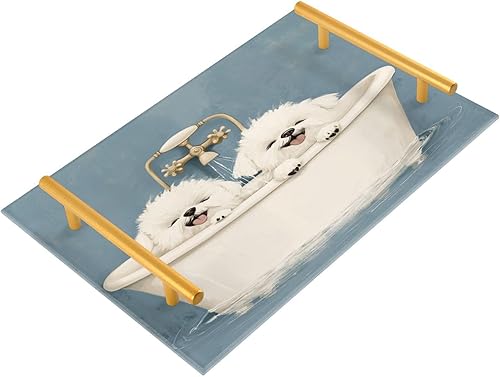Cute Maltese Dogs Vintage Bathtub Decorative Cafeteria Tray with Handles Table Serving Tray for Jewelry Perfume for Table Serving bandejas para