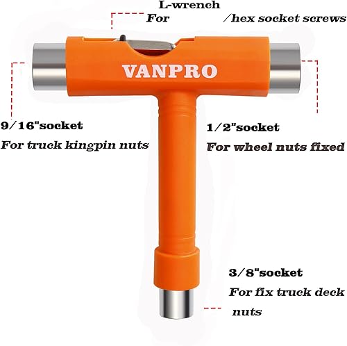 Miniatura 8 de Vanpro Herramientas de patinaje todo en uno, multifunción, portátil, herramienta para patineta, herramienta de patineta, llave de patinaje, todo en