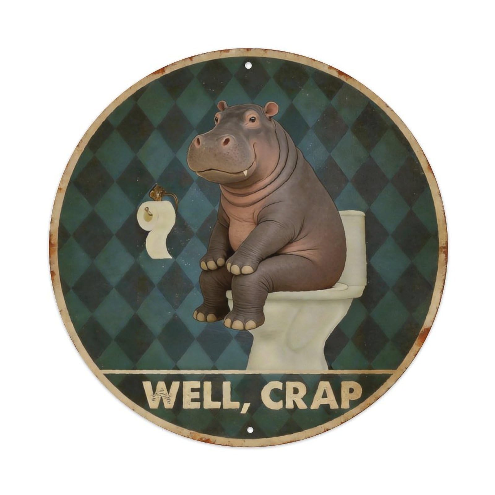 Funny Hippo Toilet Decor Sign (Well, Crap) Vintage Aluminium Metal Sign, Retro Wall Decor for Home, Bar, Garage & Farmhouse 20x20cm