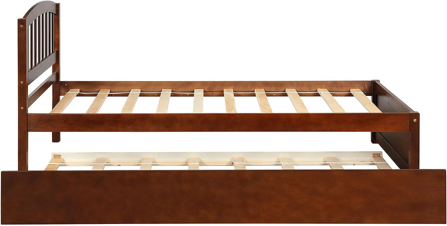Harper & Bright Designs Twin Bed Frame with Trundle, Twin Bed Frame with Headboard, Wood Twin Platform Bed with Pull Out Trundle for Kids, Guest Room,No Box Spring Needed,Walnut