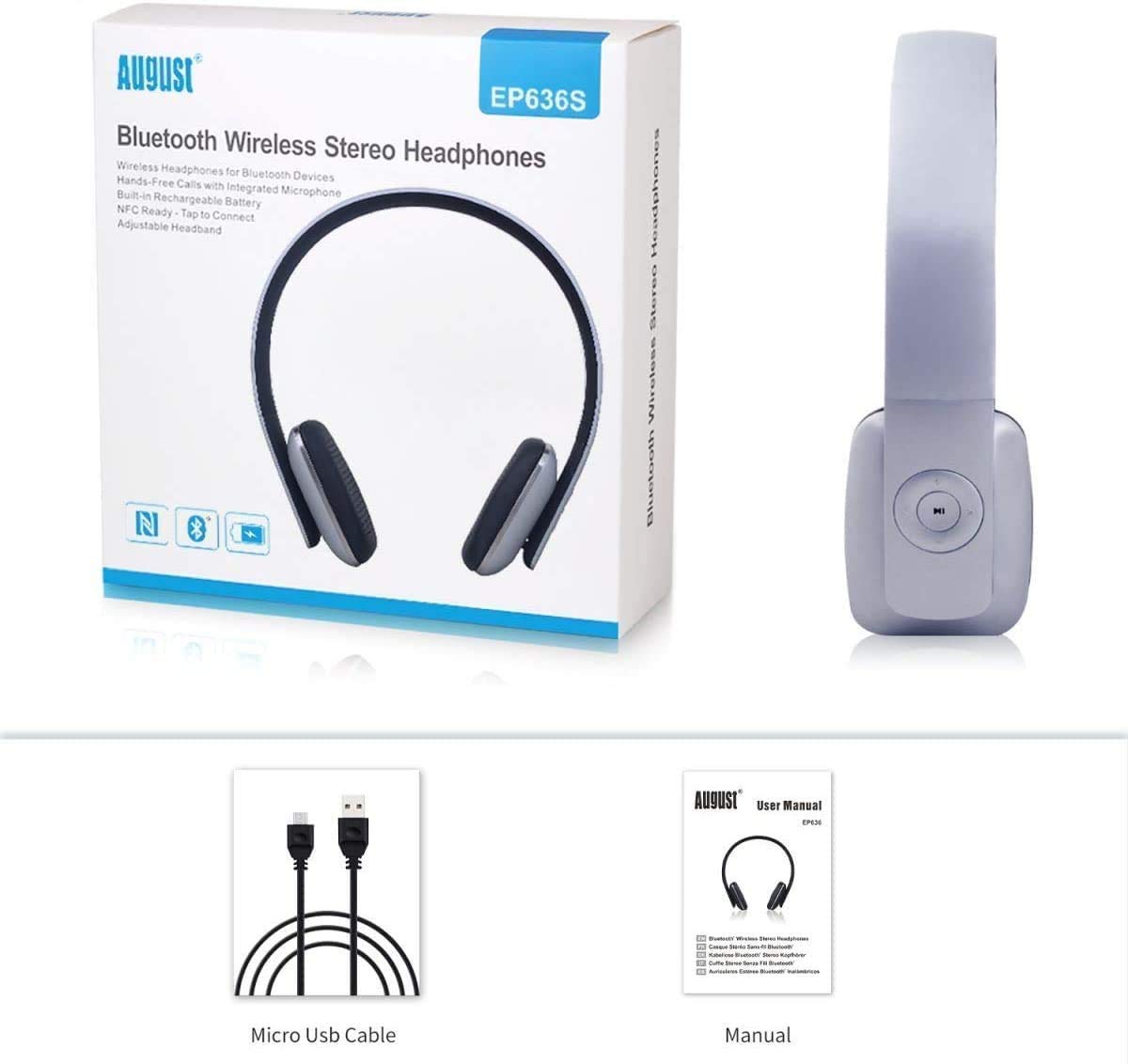 August Auriculares Bluetooth de Diadema EP636 - Casco Inalámbrico NFC con Micrófono Manos Libres para Teléfonos, Tabletas y Ordenadores, Color Gris