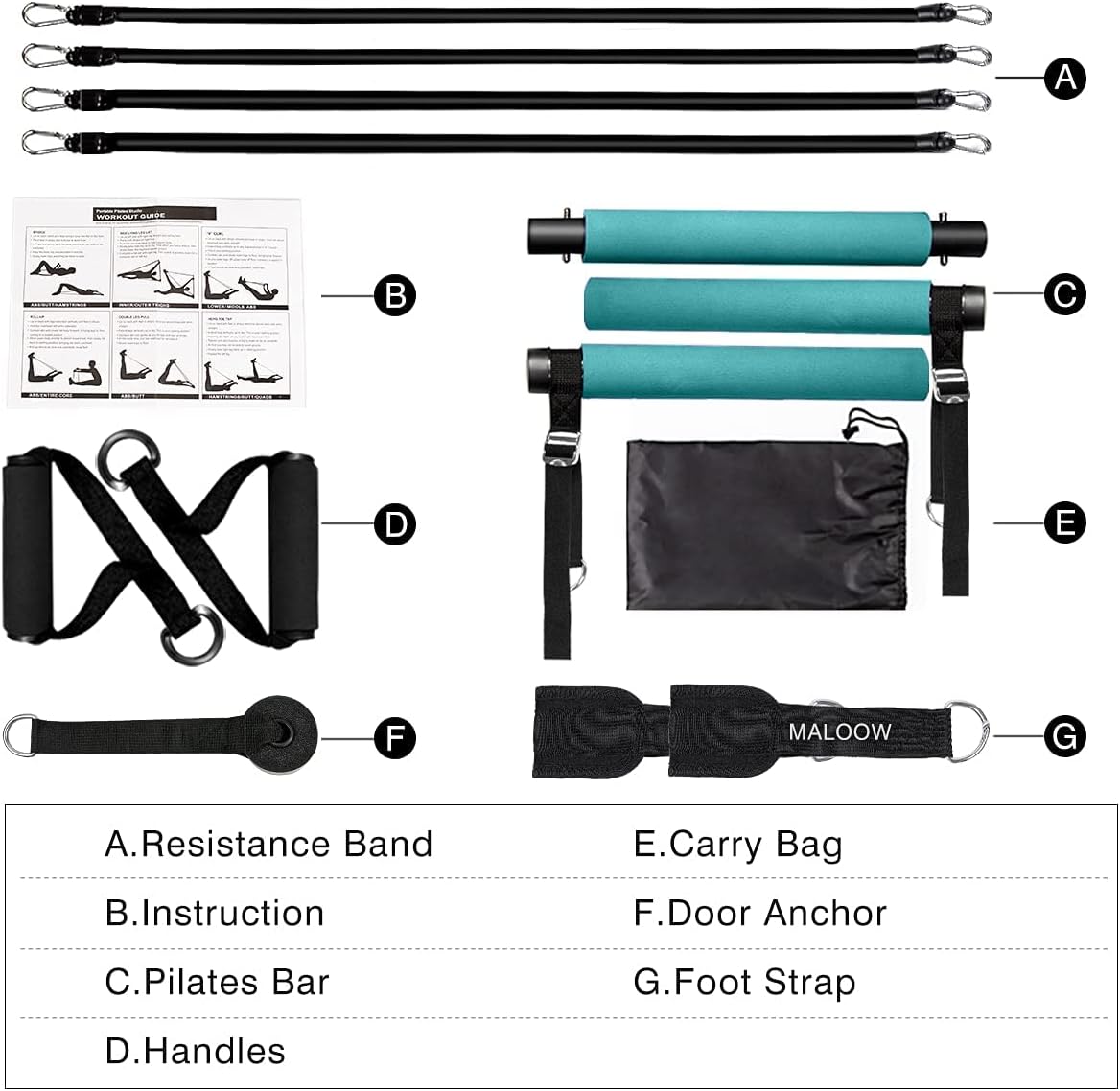 Pilates Bar with Adjustable Resistance Bands for Women and Men,Maloow Protable Home Gym Workout Equipment,Perfect Stretched Fusion Exercise Bar and Bands for Toning Muscle,Leg,Butt and Full Body(Teal) : Everything Else