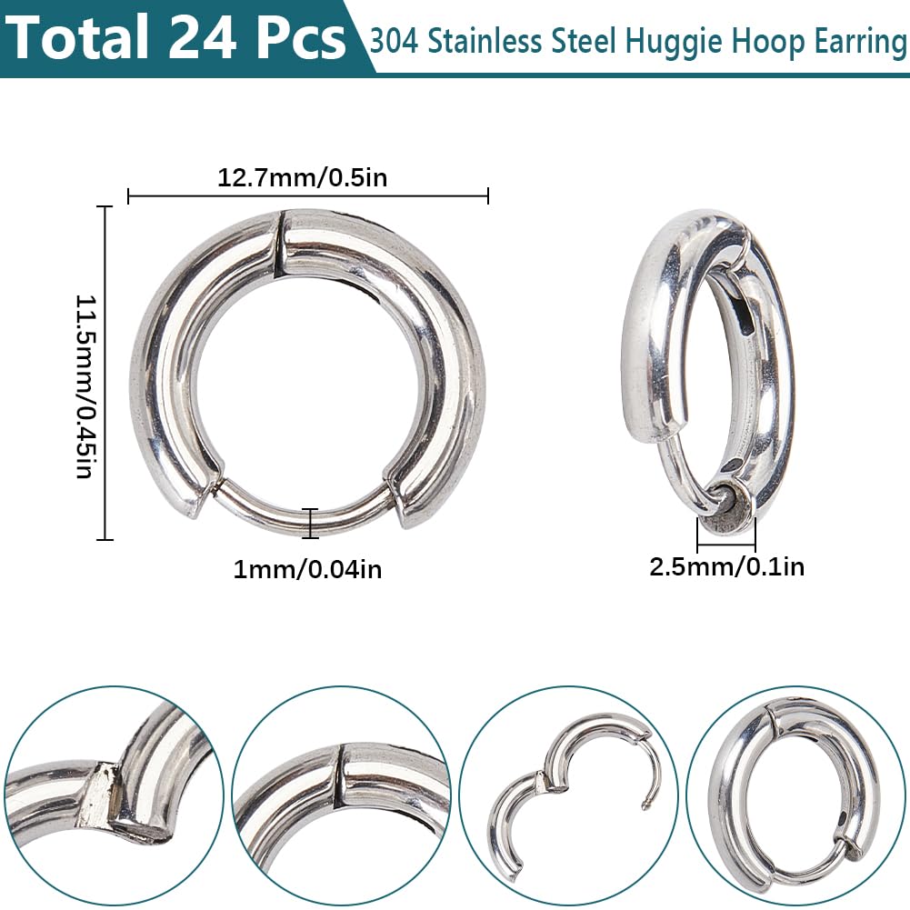 SUNNYCLUE 1 Box 24Pcs Silver Huggie Hoop Stainless Steel Earring Hoops Bulk Metal Round Ring Circle Earrings Hoop Findings with Latch Back Closure for Jewellery Making DIY Crafts Women Adult Supplies - Image 2