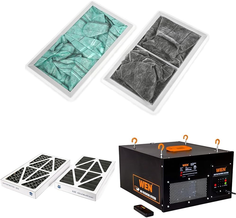 WEN Activated Carbon Air Filters & Activated Carbon Air Filters, 5-Micron Inner Filter & 3410 3-Speed Remote-Controlled Air Filtration System (300/350/400 CFM), Basic w/RF Remote (400 CFM), Black