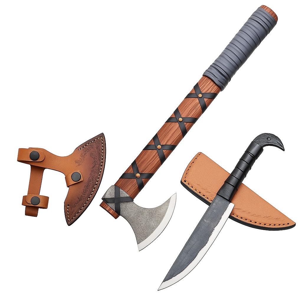 Hand-Forged Viking Axe and Norse Vikings Knife Set | 20" Carbon Steel Axe with Raven-Head Knife with Leather Sheath | Medieval Replica Collectible Gift Set for Men.