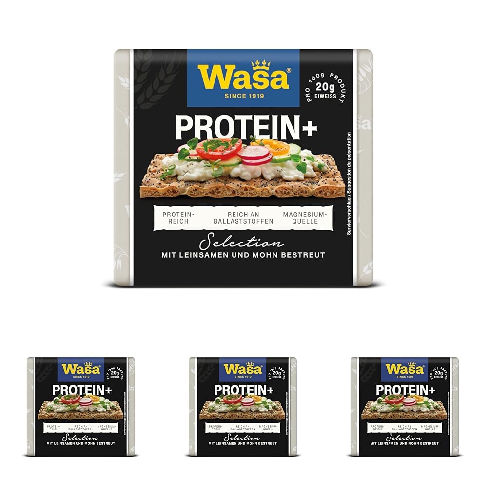 Wasa Selection Protein+ 200g I Knäckebrot aus 41% Weizenvollkornmehl, mit Leinsamen und Mohn verfeinert (Packung mit 4)