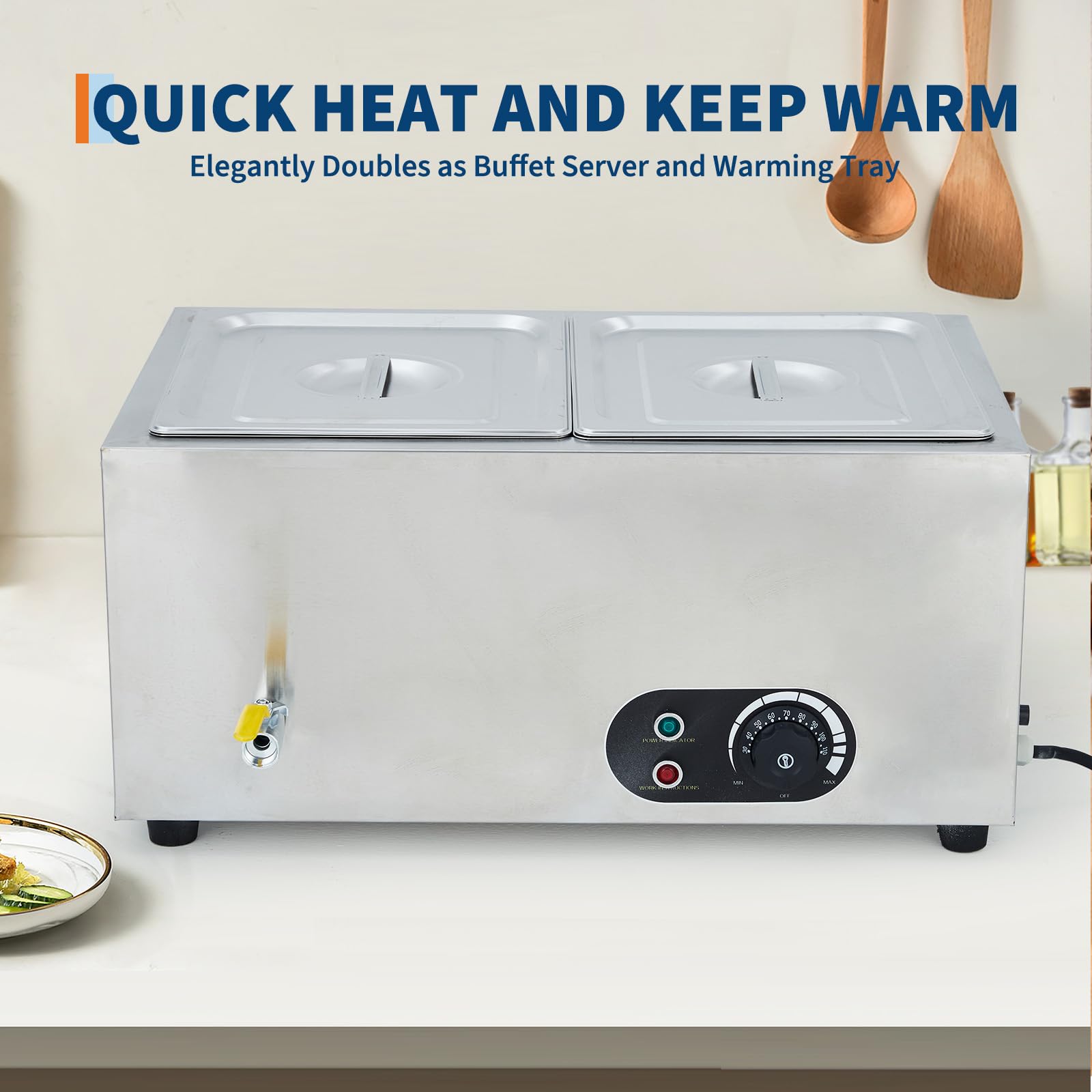 Garvee Calentador de Alimentos eléctrico Profesional – Buffet de Acero Inoxidable 1500W – 2 bandejas con Tapas – Ideal para Catering, restaurantes y Banquetes – Estación Tipo Bain Marie – 2 x 1/2 GN