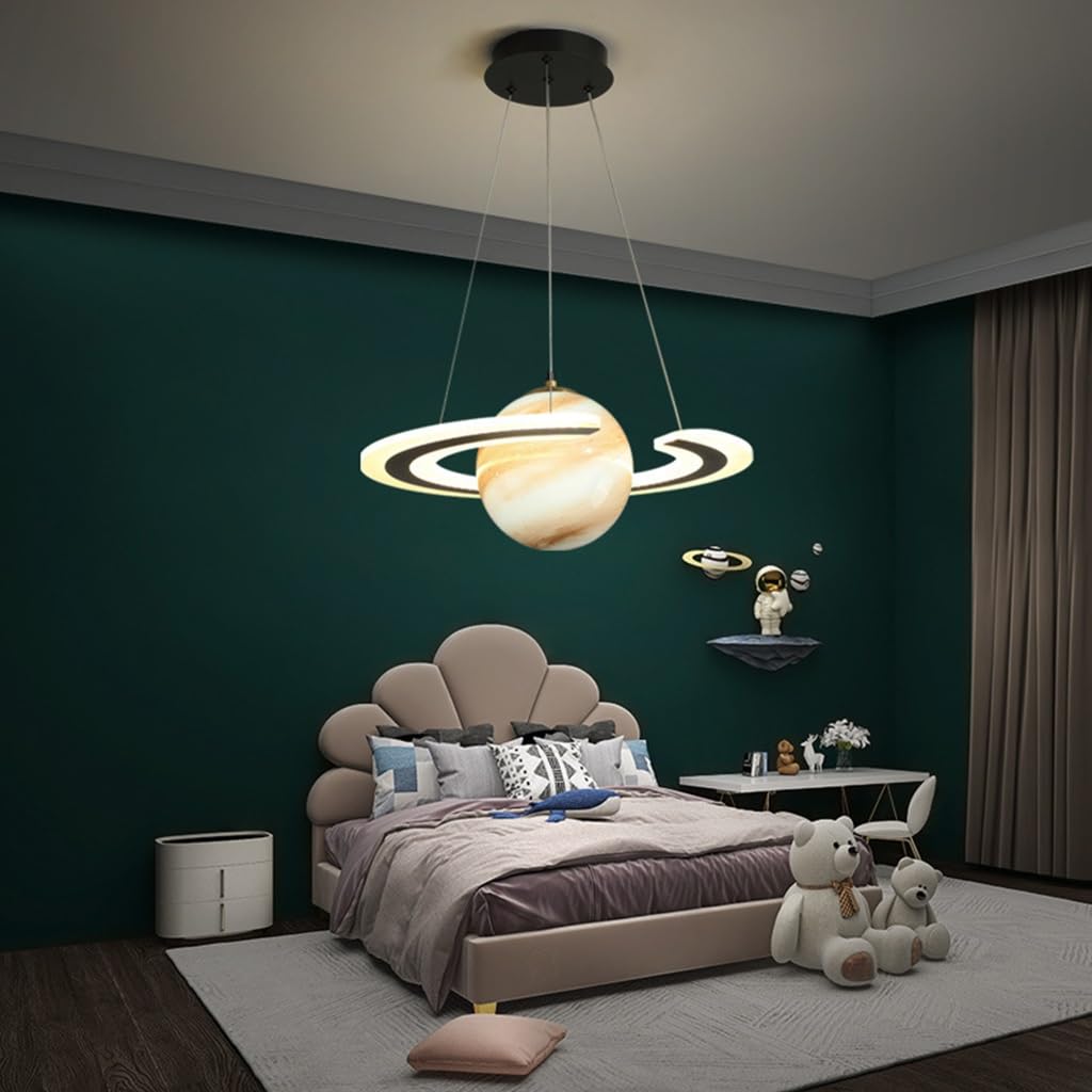 DOCJX LED Pendant Light for Children's Blue Planet Dimmable Modern Glass Planets Pendant Light with Halo Girls Boys Bedroom Hanging Lamp Height Adjustable Modern Chandelier