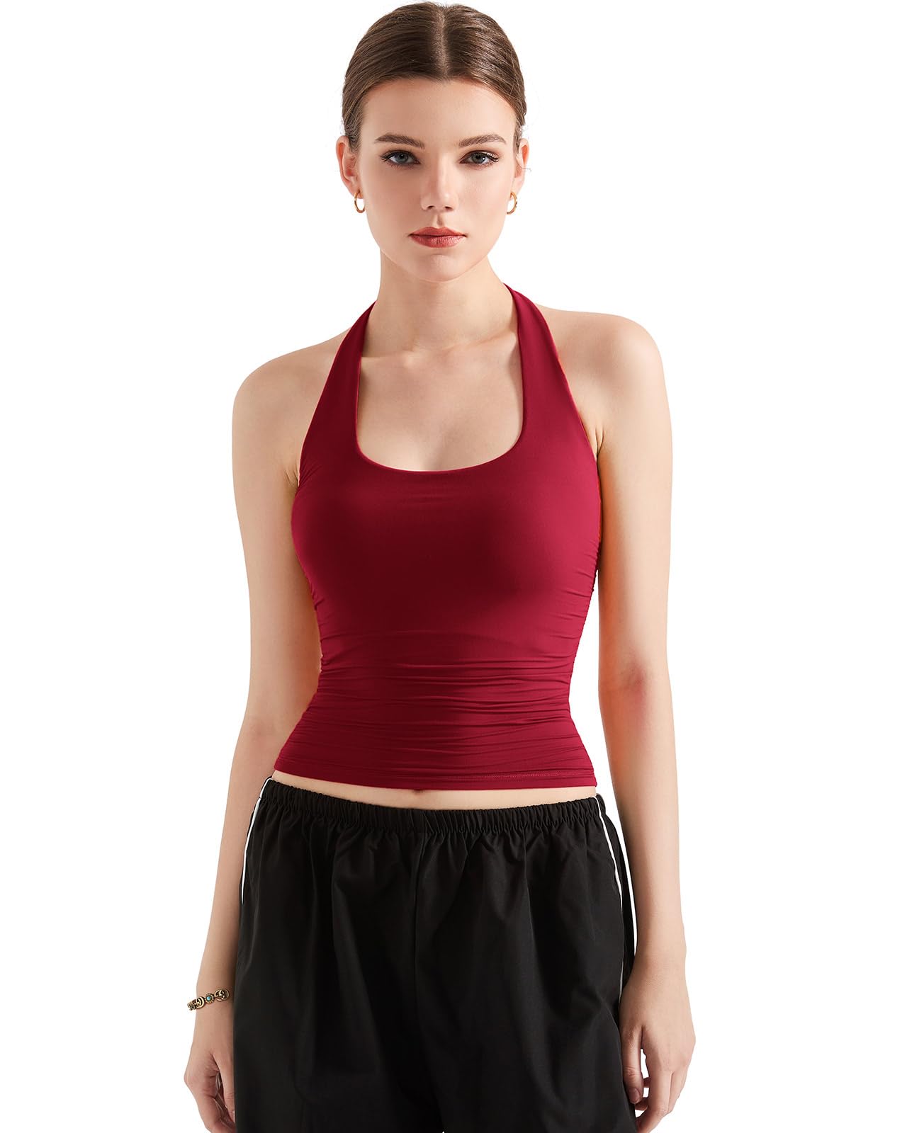 SUUKSESS Women Halter Tank Tops Double Lined Backless Y2K Trendy Going Out Tops: X-Small Wine Red