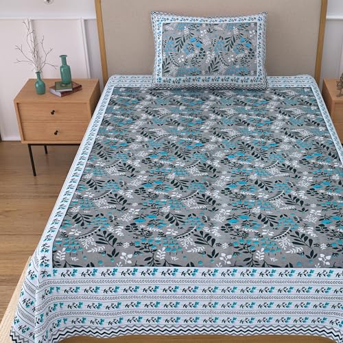 Image of 100% Cotton Single Bedsheet with 1 Pillow Cover | 240 TC Pure Cotton Flat Bed Sheet | Traditional Jaipuri Printed Bedding Set | Soft & Breathable | 60 x 90 Inch (Rangmahal Single 23)