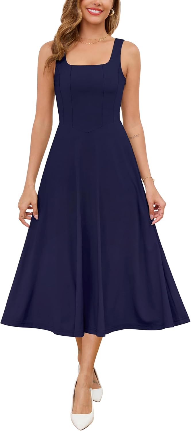 Zattcas Womens 2025 Spring Summer Square Neck Sleeveless Flowy Swing Midi Dress Wedding Guest Prom Cocktail Party Dress