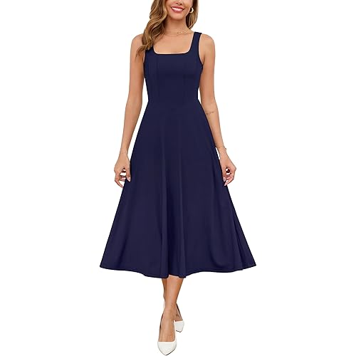 Zattcas Womens 2025 Spring Summer Square Neck Sleeveless Flowy Swing Midi Dress Wedding Guest Prom Cocktail Party Dress