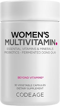 Codeage Womens Multivitamin - Vitamins A, C, D3, E, B6, B12, Folate, Calcium, Magnesium, Iron, Dong Quai, Probiotics - 1 Capsule Per Serving - Daily Vitamin Pills for Women - Non-GMO - 30 Capsules