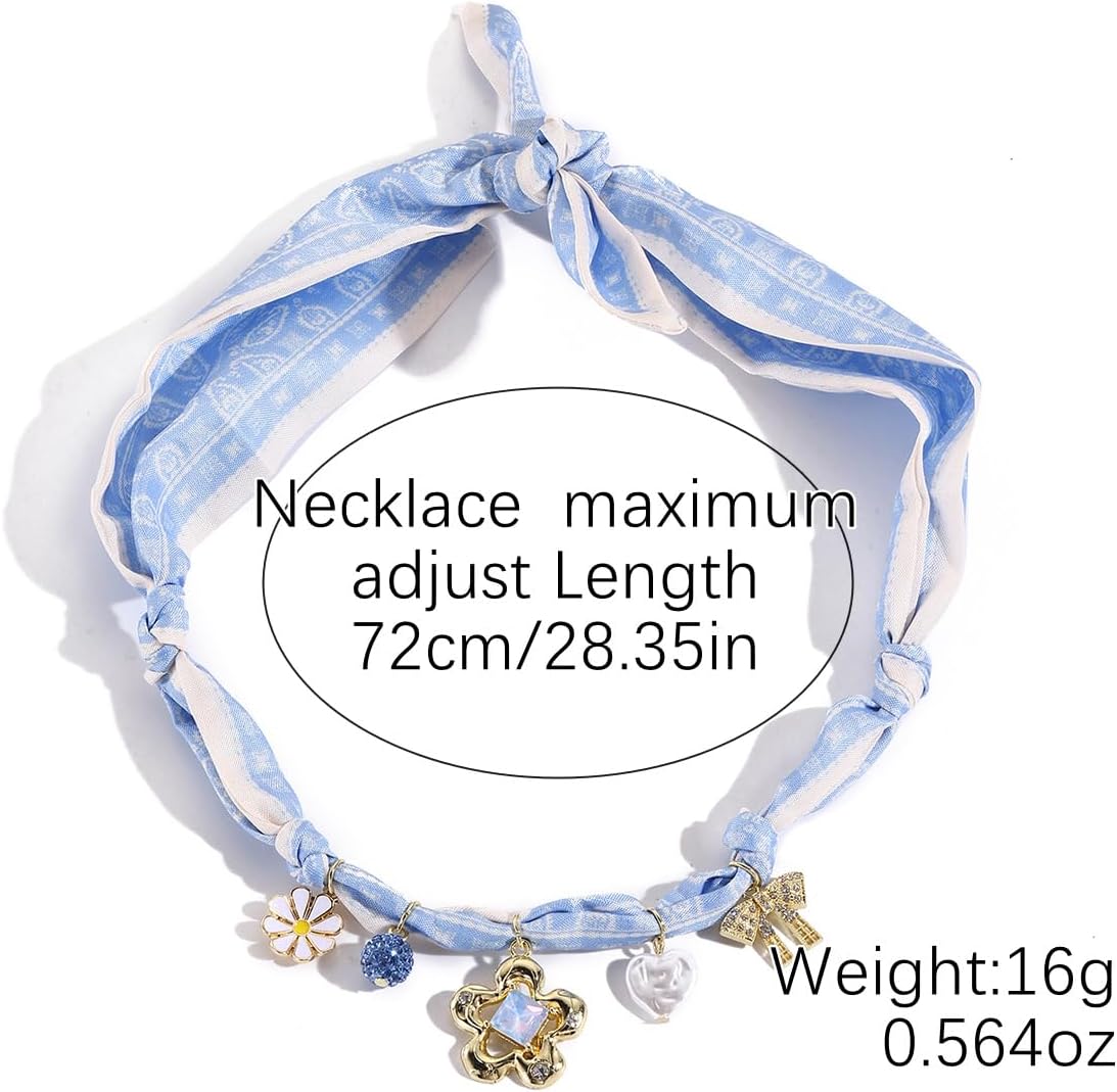 Scarf Necklace with Charms for Women Fabric Braided Choker Necklace with Pearl Crystal Flower Boho Gold Pendants Trendy Jewelry for Summer Beach Gifts & Daily Outfits - Image 5