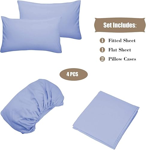 Miniatura 5 de Juego de sábanas de algodón de 400 hilos, tamaño individual, color violeta, 4 piezas, 100% algodón grapado, juego de sábanas de algodón suave con