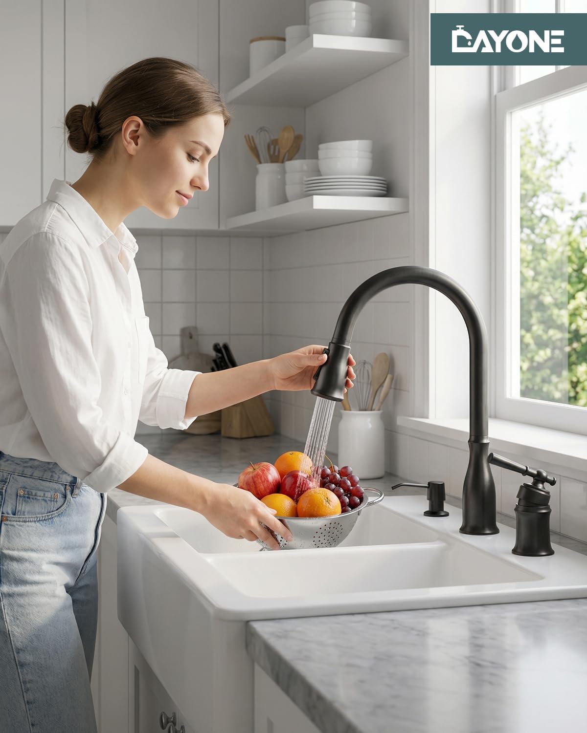 DAYONE Matte Black 3 Holes Kitchen Sink Faucets with Separate Handle, 2 Holes Pull Down Sink Faucet for Kitchen Sink with Soap Dispenser, Single Handle High Arc, DAY-279MB