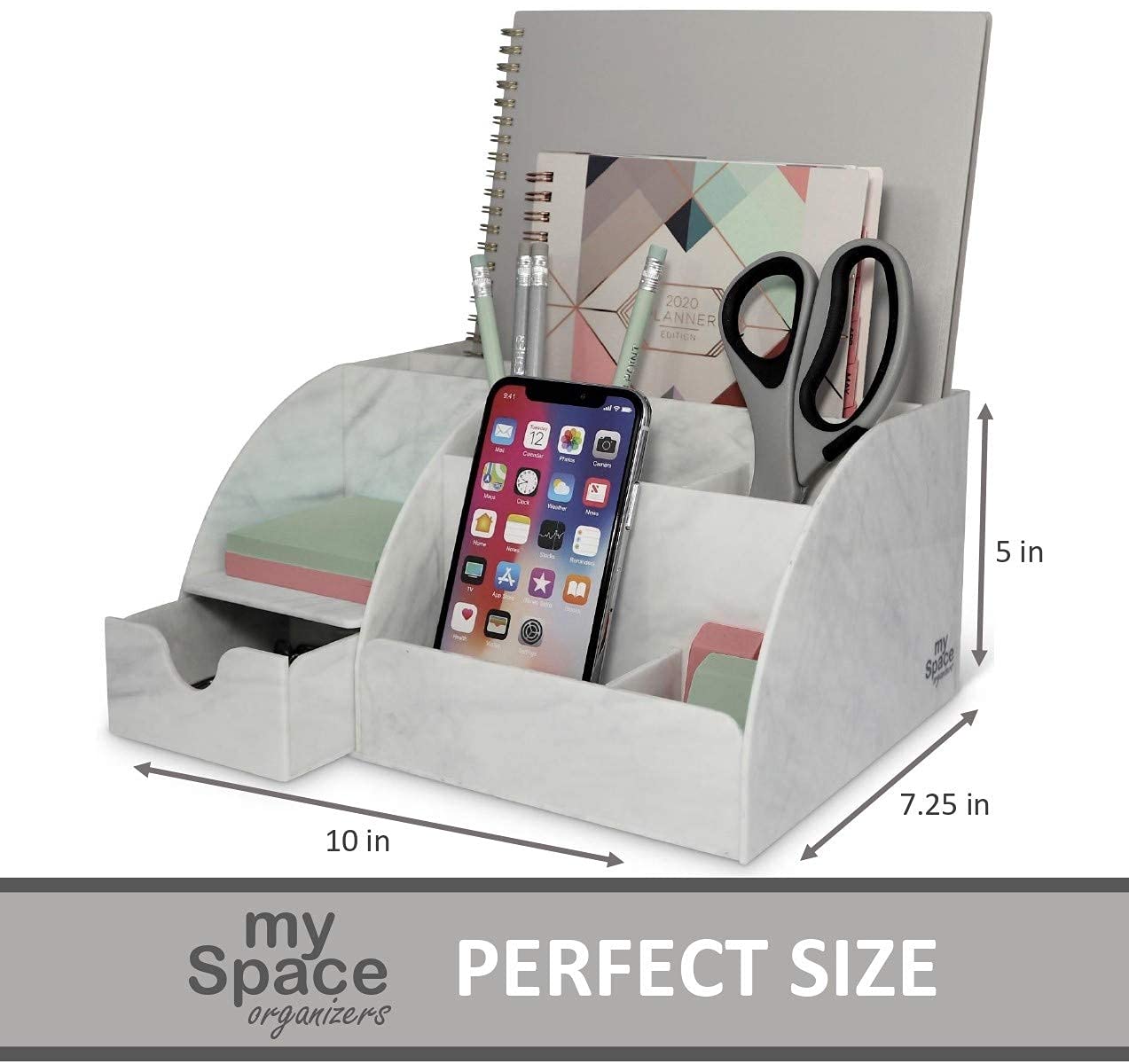 Acrylic Office Desk Organizer with Drawer, Marble 9 Compartments, All