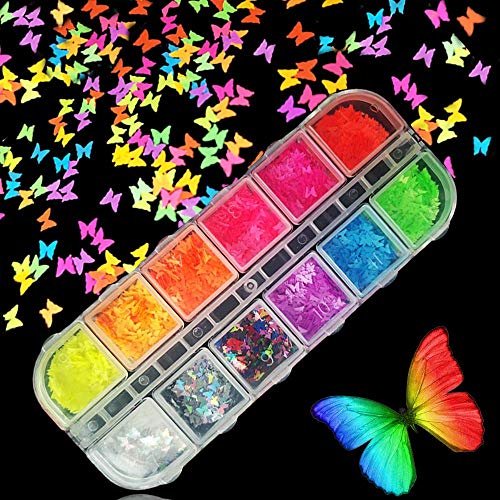 Kalolary 12 Grids 3D Butterfly Nail Art Glitter Sequins, Splarkly Colorful Butterfly Nail Sequin Acrylic Paillettes, Holographic Nail Sparkle Glitter Sheets Tips for Nail Art Decoration