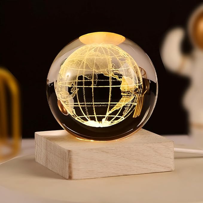 KESI ORNAMENTS 3D Earth Crystal Ball Night Light with Wooden Base | LED Earth Planet Nightlight for Bedroom Decor | USB Charged Warm White Light | Home Decoration Light for Baby Nursery Decor,1 Count