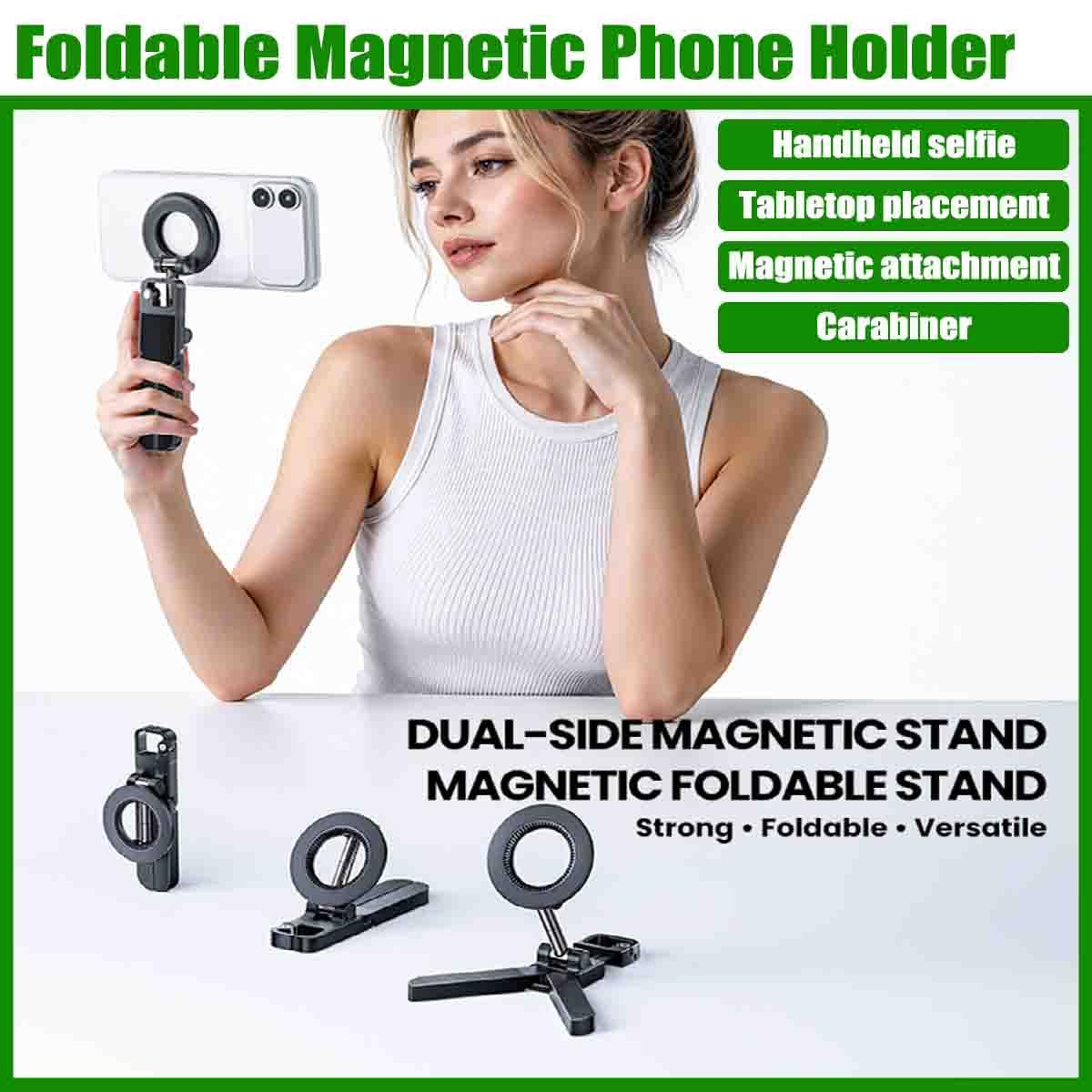 Foldable Magnetic Phone Holder With Carabiner,Zinc Alloy N52 Magnet，2pcs | Portable Pocket Selfie Stick,Phone Stand,360° Swivel Suction Cup,Dual-Side Magnetic,Fits Vlog,Gym,Golf cart,Travel,Desk