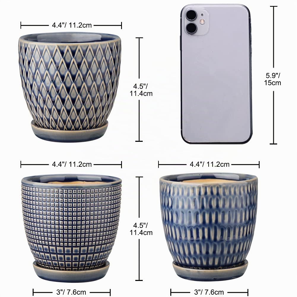 10cm Ensemble de 3 Pots de Plantes en Céramique Petits Pots de Fleurs Ronds avec Trou de Drainage et Soucoupe pour Cactus Succulent, pour Intérieur Extérieur Jardin Maison Rebord de Fenêtre