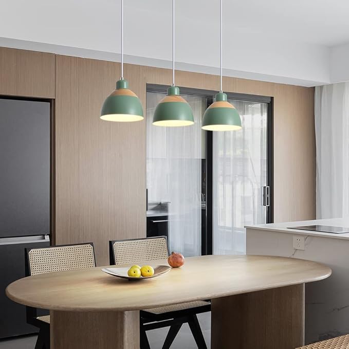 CAPXXIN Vintage hangende lichte houten eettafellamp groene metalen 3-vlammen hanglamp E27 in hoogte verstelbare hanglamp voor eetkamer keuken café Theke binnen hangende lamp needed photo 3