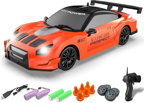 Miniatura 11 de RACENT Mini auto de deriva RC 1:24, auto de control remoto 4WD de 10 MPH con luz LED, ruedas de carreras y deriva, 2 baterías recargables, juguete