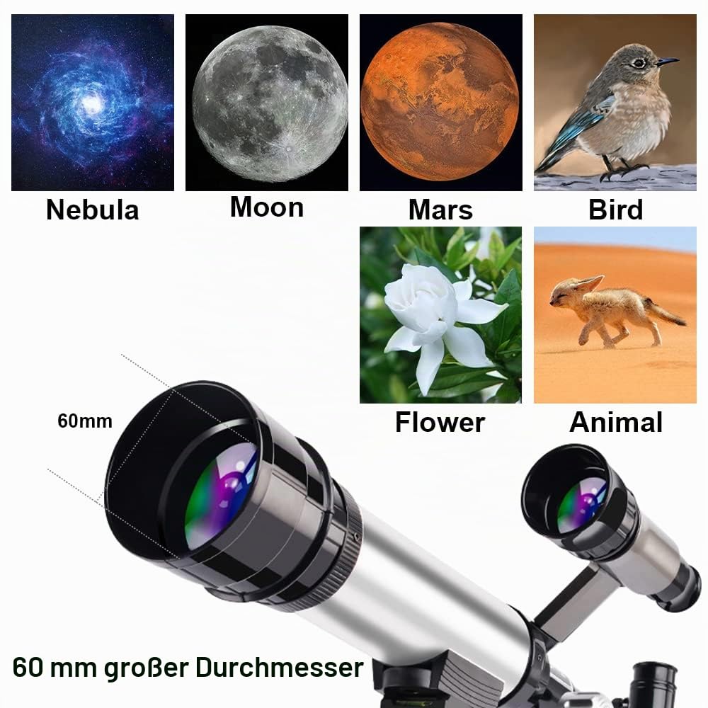 Refraktor Teleskop Kinder Einsteiger Tragbar 60 mm Teleskop Astronomie Fernrohr teleskope mit Stativ Sternfinderlinse für Astronomie Anfänger Kinderteleskop Set Wissenschaft Spielzeug