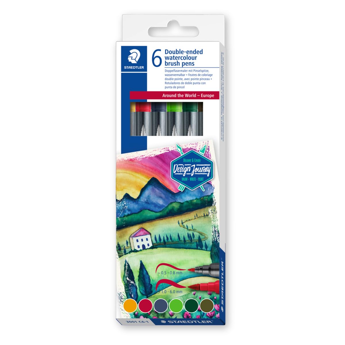 STAEDTLER 3001-​6 feutres double pointe de coloriage aquarellables assortis - Pointe pinceau 1-​6 mm - Pointe fine 0,​5-​0,​8 mm - Edition Design Journey - Etui carton - 3001 C6-​1