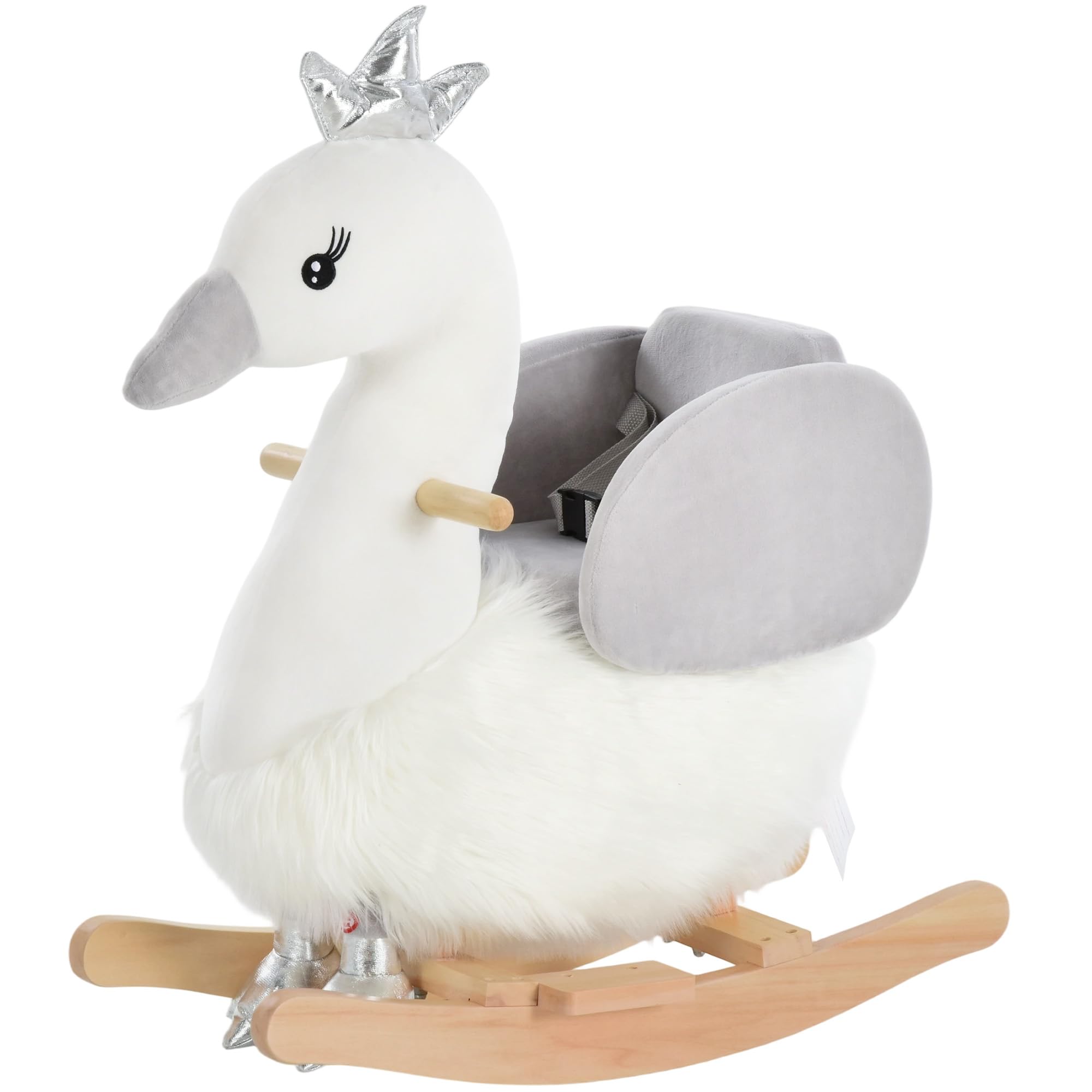 HOMCOM Cavallo a Dondolo per Bambini a Forma di Cigno, Dondolo Giocattolo Cavalcabile per Bambini 18-36 Mesi (Max 40kg), in Legno di Pioppo e Peluche, Bianco e Grigio