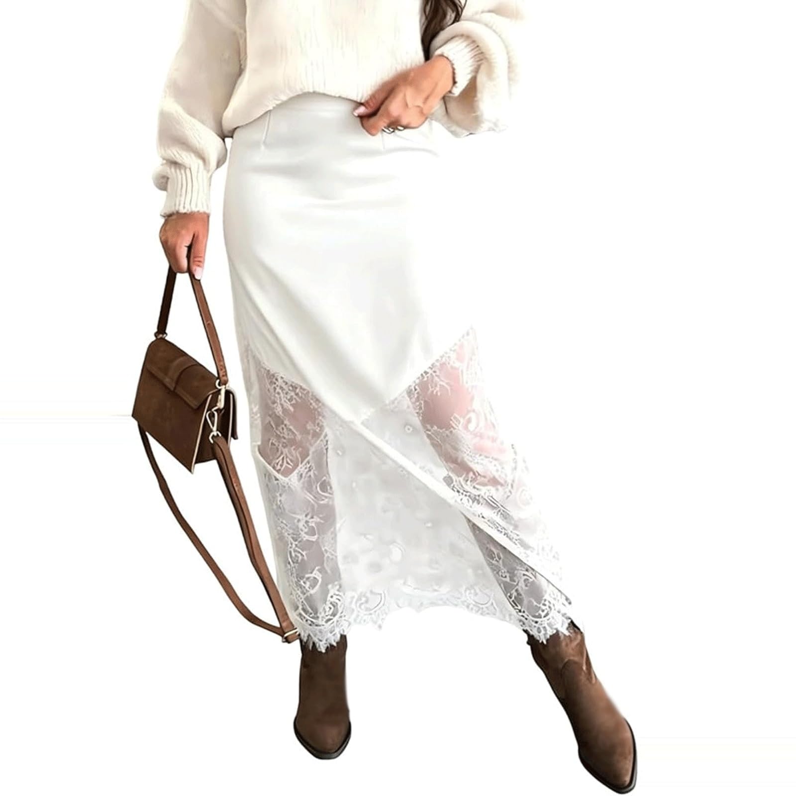 DUddTTW Zipper Women's Maxi Skirts Sexy Lace Ankle Length Swing Skirt Patchwork(Wei�,Lagre)