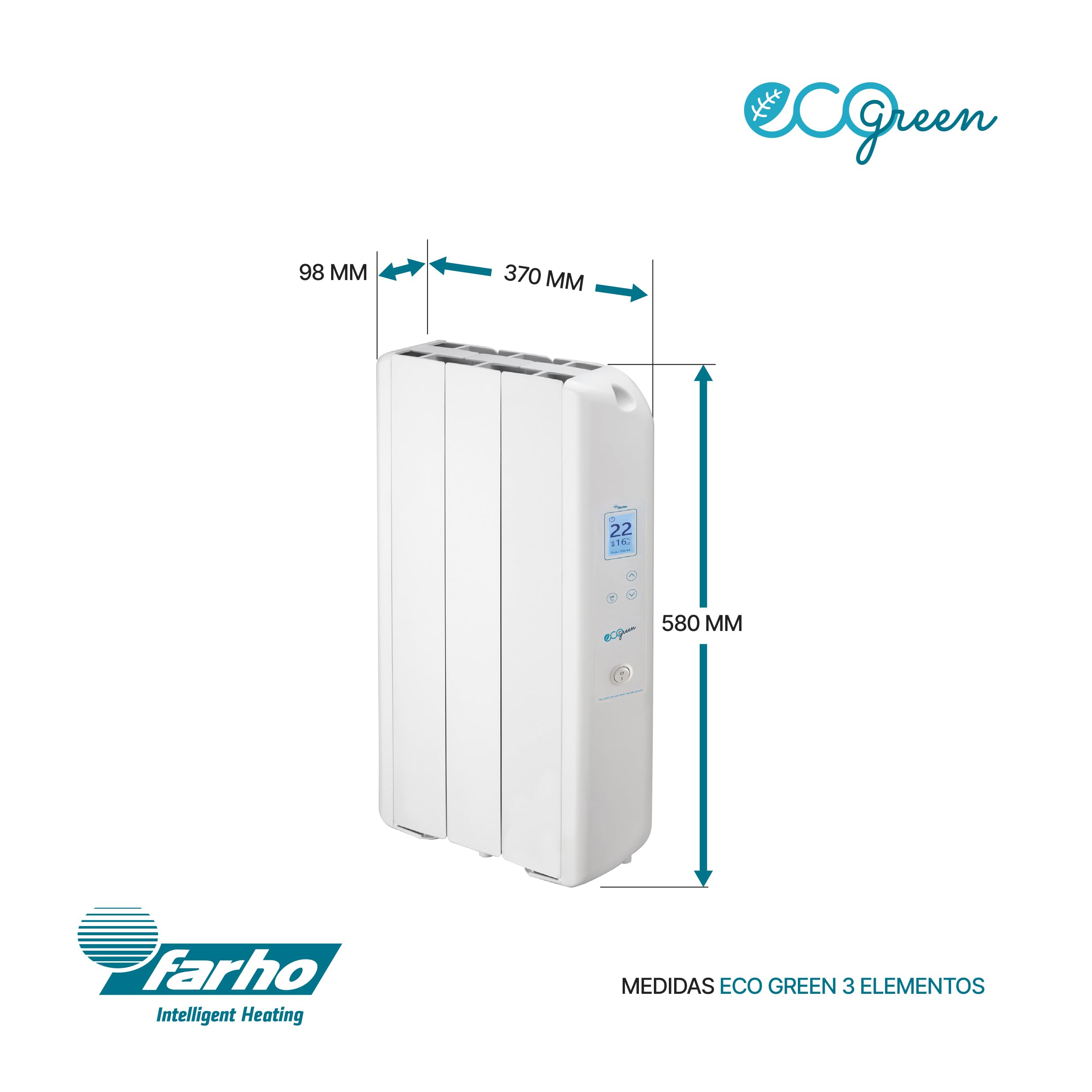 Farho Radiador Electrico Eco Green 330W (3) · Emisor Térmico con Termostato Digital Programable 24/7 · Radiadores Electricos Bajo Consumo para estancias de hasta 6 m² · 20 AÑOS DE GARANTÍA