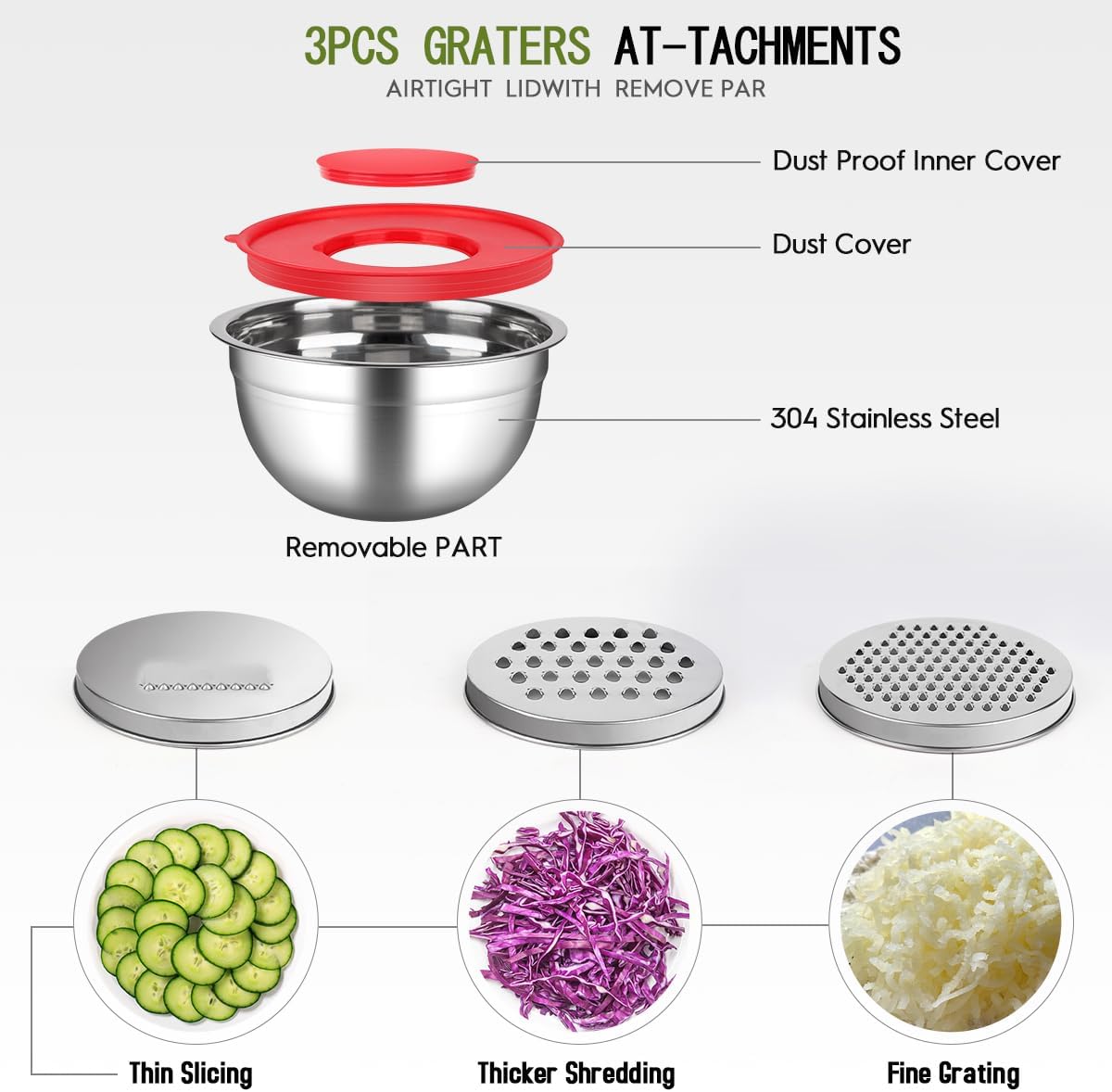 JUJOJB Mixing Bowls With Lids Set,Stainless Steel Mixing Bowls Set With 3 Grater,Metal Nesting Bowls For Kitchen Baking Refrigerator Meal Prep Food Organizer,7 Size(Multicolor)