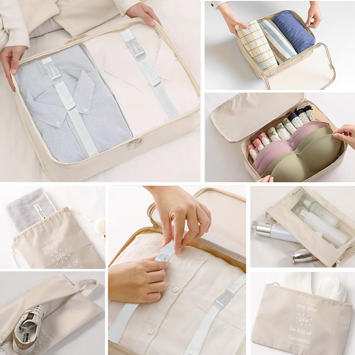 Shadcoler Organizer Valigia, 8 Pezzi Organizer Valigia Salvaspazio, Organizer Viaggio, Packing Cubes per Cosmetici, Abbigliamento Intimo, Vestiti, Borse, Scarpe, Viaggio Accessori Utili (Beige)