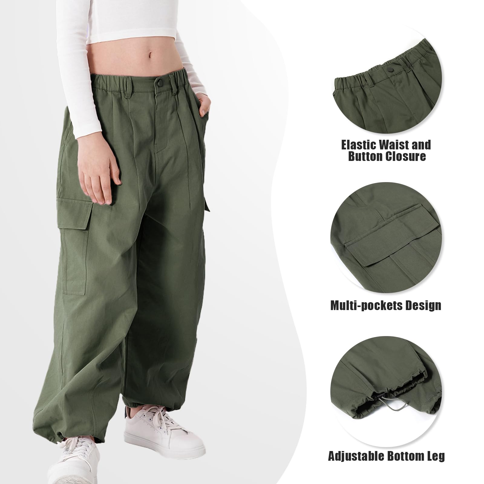 Rolanko Pantalon Cargo pour Filles, Pantalon Baggy en Coton à Taille Elastiquée avec Plusieurs Poches pour Les Enfants de 6 à 15 Ans